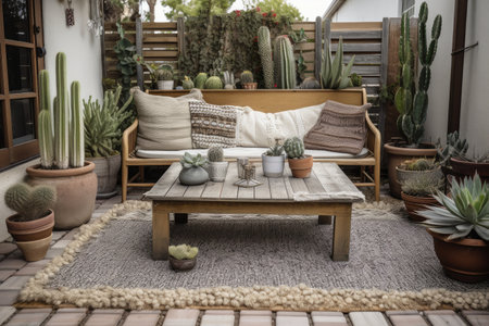 cozy outdoor patio with succulent garden and eclectic accessories, created with generative aiの素材