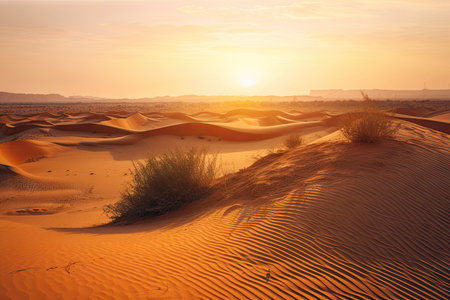 desert dunes in sunset, with warm colors and the sun setting behind them, created with generative aiの素材
