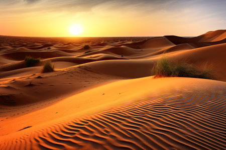 desert dunes, with the sun setting behind them, casting a warm glow, created with generative aiの素材