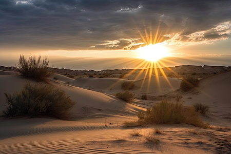 sunrise over desert dunes, with rays of light shining through the clouds, created with generative aiの素材