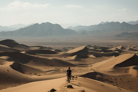 person, trekking through desert dunes, with view of distant peaks in the background, created with generative aiの素材