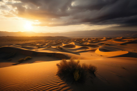 majestic desert sunset, with vibrant shades of orange and red filling the sky, created with generative aiの素材