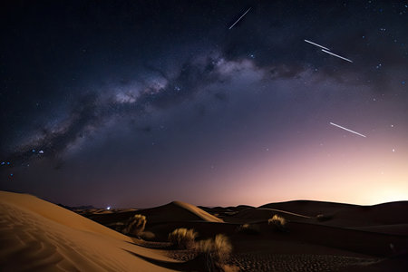 desert dunes, with view of star-filled sky, and distant shooting stars, created with generative aiの素材