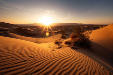 desert dunes on sunset, with the sun setting behind them, created with generative aiの素材