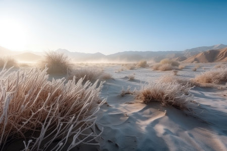 desert dunes covered in frost during cold winter morning, created with generative aiの素材