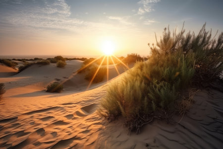 desert dunes, with view of sunrise, the new day beginning, created with generative aiの素材