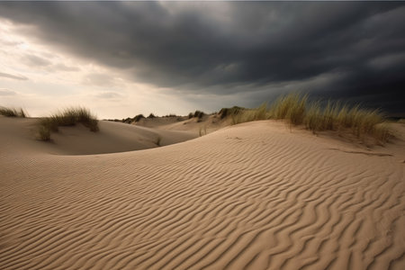 close-up of dunes with rolling sand and dramatic sky in the background, created with generative aiの素材
