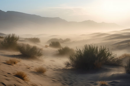 foggy morning in the desert, with rolling dunes and mist rising from the sand, created with generative aiの素材