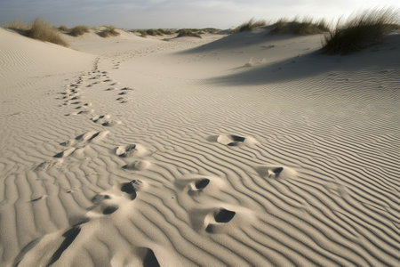 close-up of a dune, with windblown sand and footprints in the foreground, created with generative aiの素材