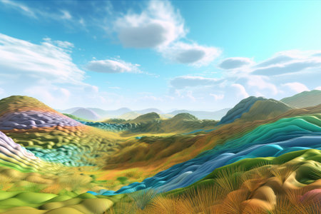 fractal landscape with rolling hills and sunny skies, created with generative aiの素材