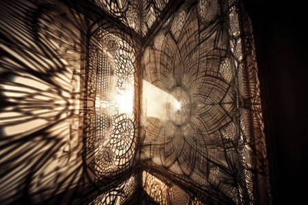 fractal pattern on a windowpane, with sun shining through it, created with generative aiの素材