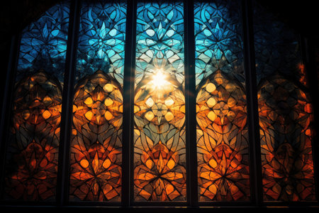 fractal pattern on a windowpane, with sun shining through it, created with generative aiの素材