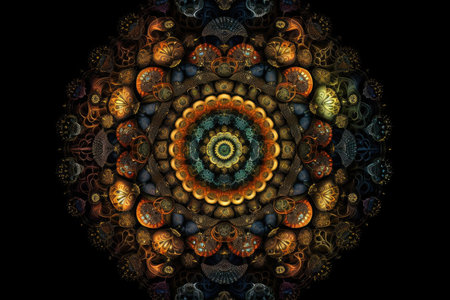 mandala of fractal patterns and shapes on black background, created with generative aiの素材