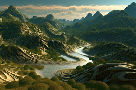 fractal landscape, with rolling hills and winding rivers, and the fractal pattern in the background, created with generative aiの素材