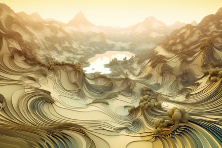 fractal landscape, with rolling hills and winding rivers, and the fractal pattern in the background, created with generative aiの素材
