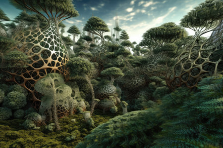 fractal forest, with trees and other plants growing within the mathematics of nature, created with generative aiの素材