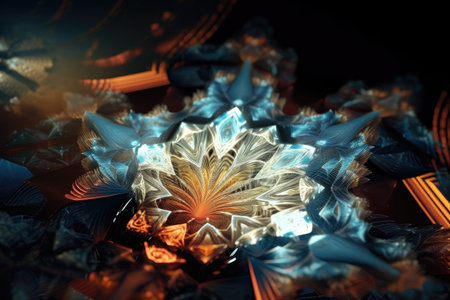 fractal pattern on the surface of a crystal, with the reflection of light creating a shimmering effect, created with generative aiの素材