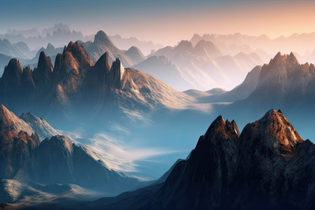 fractal landscape, with towering mountain peaks and misty valleys, created with generative aiの素材
