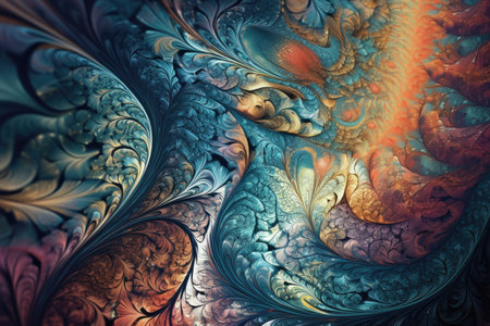 close-up of intricate fractal pattern, with vibrant colors and shapes, created with generative aiの素材