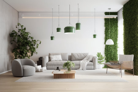 a sleek and modern living room, with greenery adding a touch of natural beauty, created with generative aiの素材