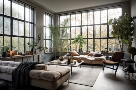 cozy living room with floor-to-ceiling windows, natural light and indoor plants, created with generative aiの素材