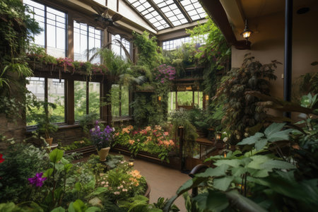 view of lush and green indoor garden with flowering plants, herbs, and foliage, created with generative aiの素材