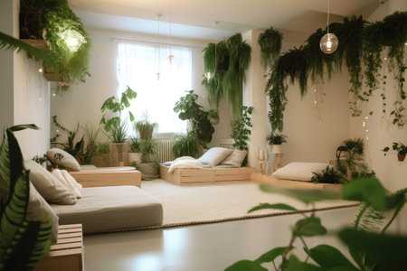 relaxing space with greenery and gentle music, for peace and tranquility, created with generative aiの素材