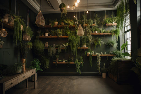 indoor plant wall, with greenery cascading down the walls and hanging baskets, created with generative aiの素材