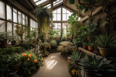 indoor garden with variety of plants, flowers, and greenery, created with generative aiの素材