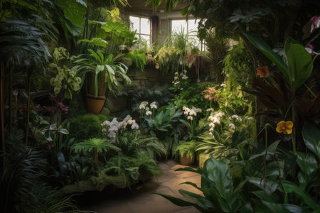 a lush indoor garden with a variety of plants, including orchids and ferns, created with generative aiの素材
