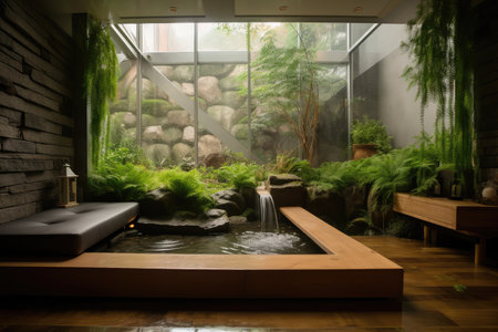 a serene and peaceful room, with greenery and a water feature, created with generative aiの素材