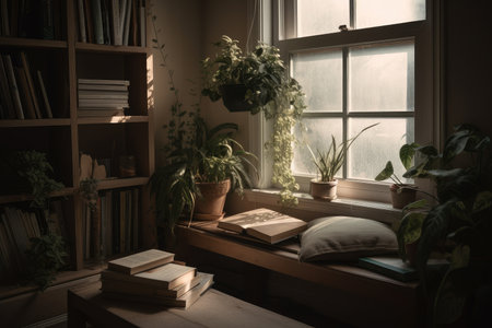 cozy reading nook with a book and potted plant, created with generative aiの素材