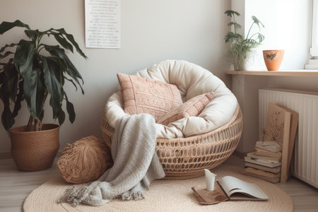 cozy reading nook with a book and potted plant, created with generative aiの素材