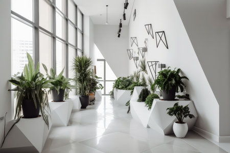 modern interior with geometric arrangement of plants and white walls, created with generative aiの素材