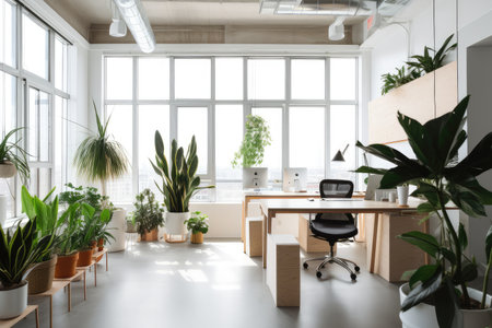 an office space with indoor plants, natural light, and minimalist decor, created with generative aiの素材
