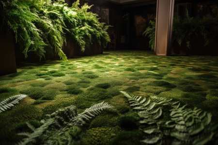 plush green carpet with ferns and other greenery on the floor, created with generative aiの素材