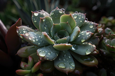 close-up of succulent, with droplets of water visible, created with generative aiの素材