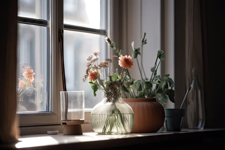 simple vase of flowers and indoor plants on the windowsill, created with generative aiの素材