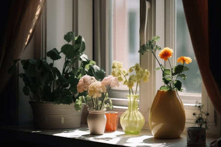 simple vase of flowers and indoor plants on the windowsill, created with generative aiの素材