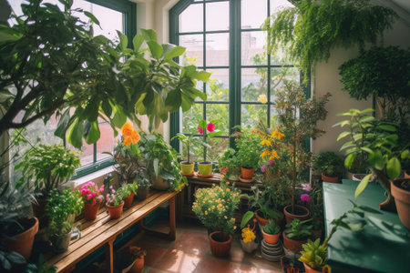 an indoor garden, with lush plants and colorful blooms, created with generative aiの素材