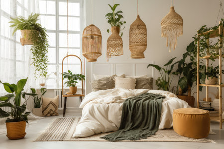 cozy bedroom with hanging plants, lanterns, and other natural elements, created with generative aiの素材