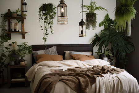 cozy bedroom with hanging plants, lanterns, and other natural elements, created with generative aiの素材