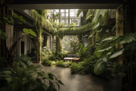 a lush indoor garden overflowing with greenery, providing a serene and peaceful escape from the everyday, created with generative aiの素材