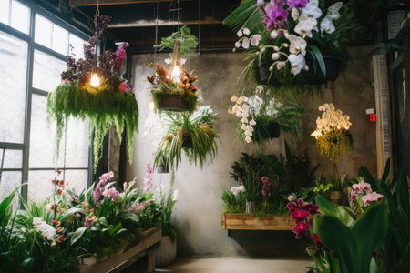 indoor garden with hanging plants, greenery and blooming orchids, created with generative aiの素材