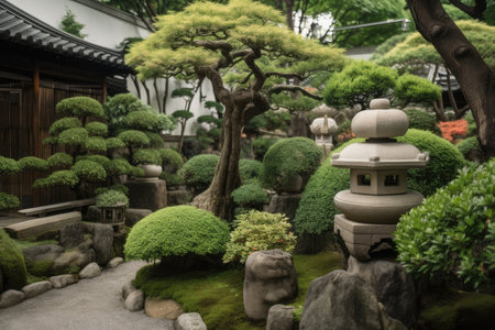 a serene bonsai garden with perfectly manicured plants and stone lanterns, created with generative aiの素材