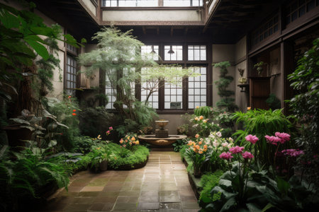 a tranquil indoor garden, with rich greenery and blooming flowers, created with generative aiの素材
