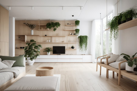 minimalist interior with natural accents of green, created with generative aiの素材