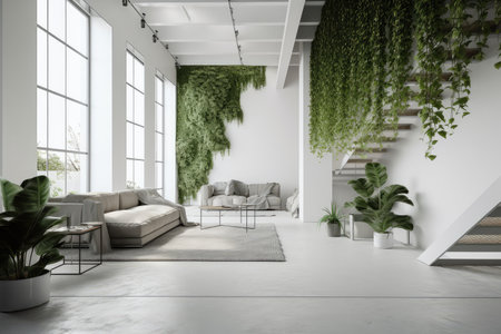 minimalist interior with greenery and modern furniture, created with generative aiの素材