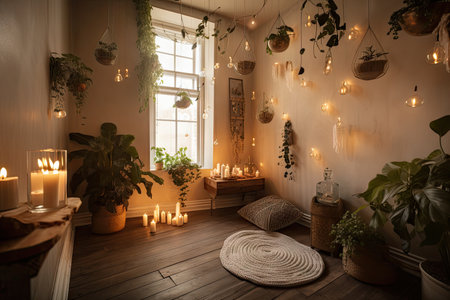 a peaceful meditation room with plants, candles, and inspirational quotes, created with generative aiの素材