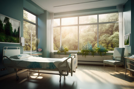 a hospital room with a view of the greenery and flowers, created with generative aiの素材